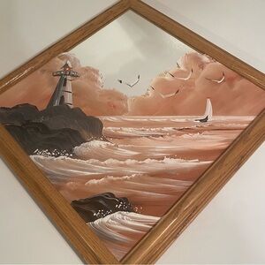 Original Signed Lighthouse Scene Oil Painting on Mirror Dated ‘95 14” Square